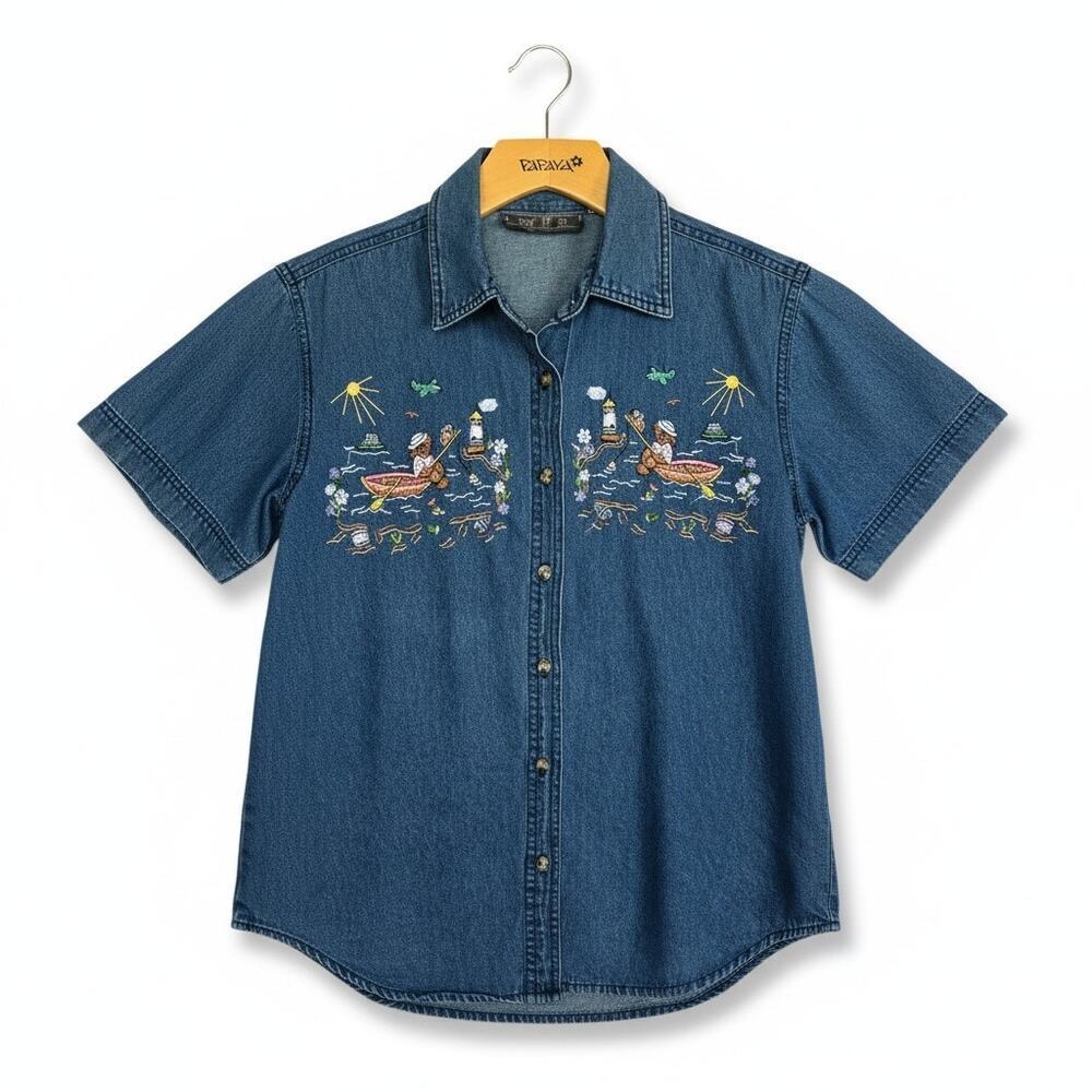 Vintage WAY TO GO Embroidered Denim Shirt Small Bear Fishing Lighthouse Nautical